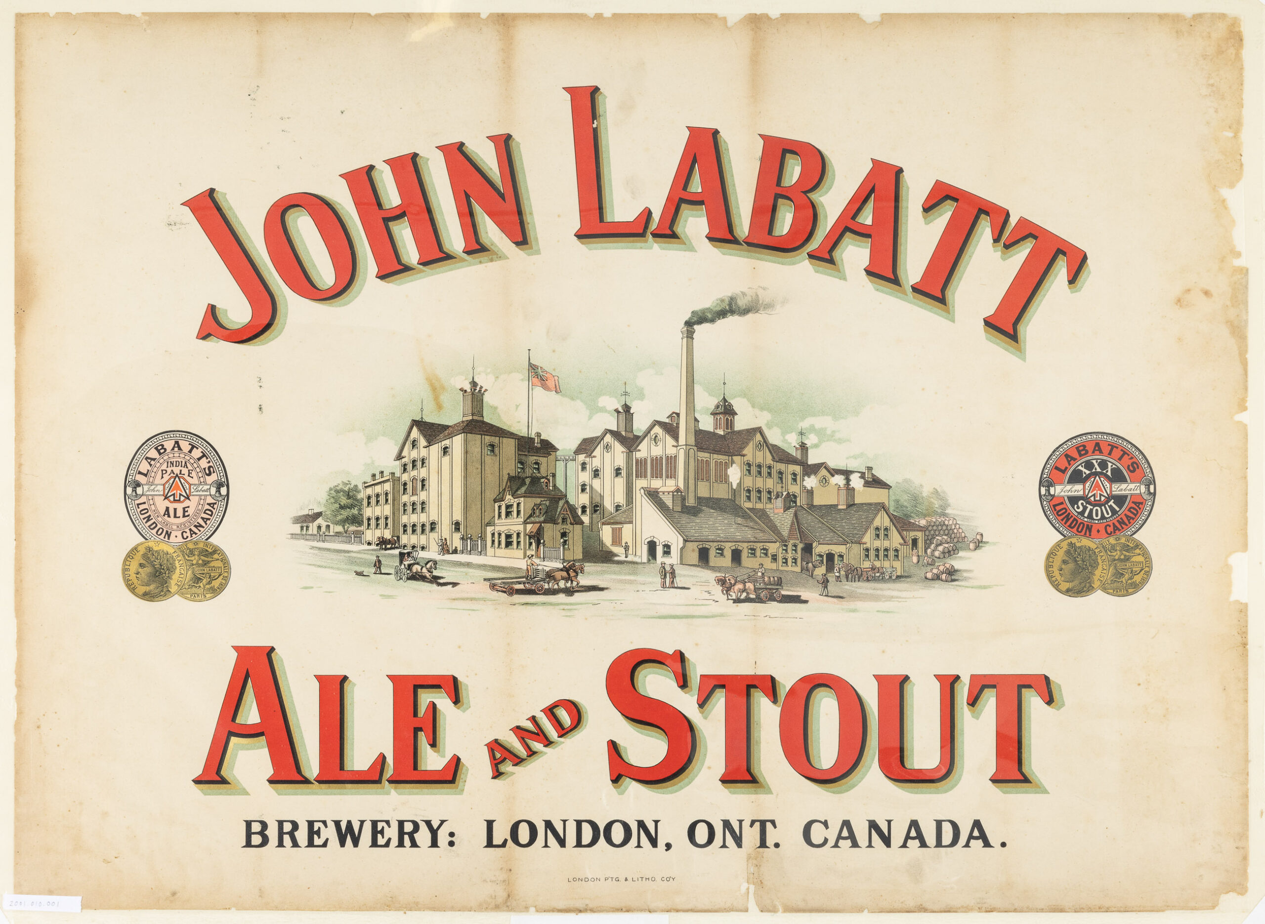 An aged poster with worn edges shows the Labatt brewing facilities illustrated in the center with John Labatt Ale and Stout in bold red lettering.