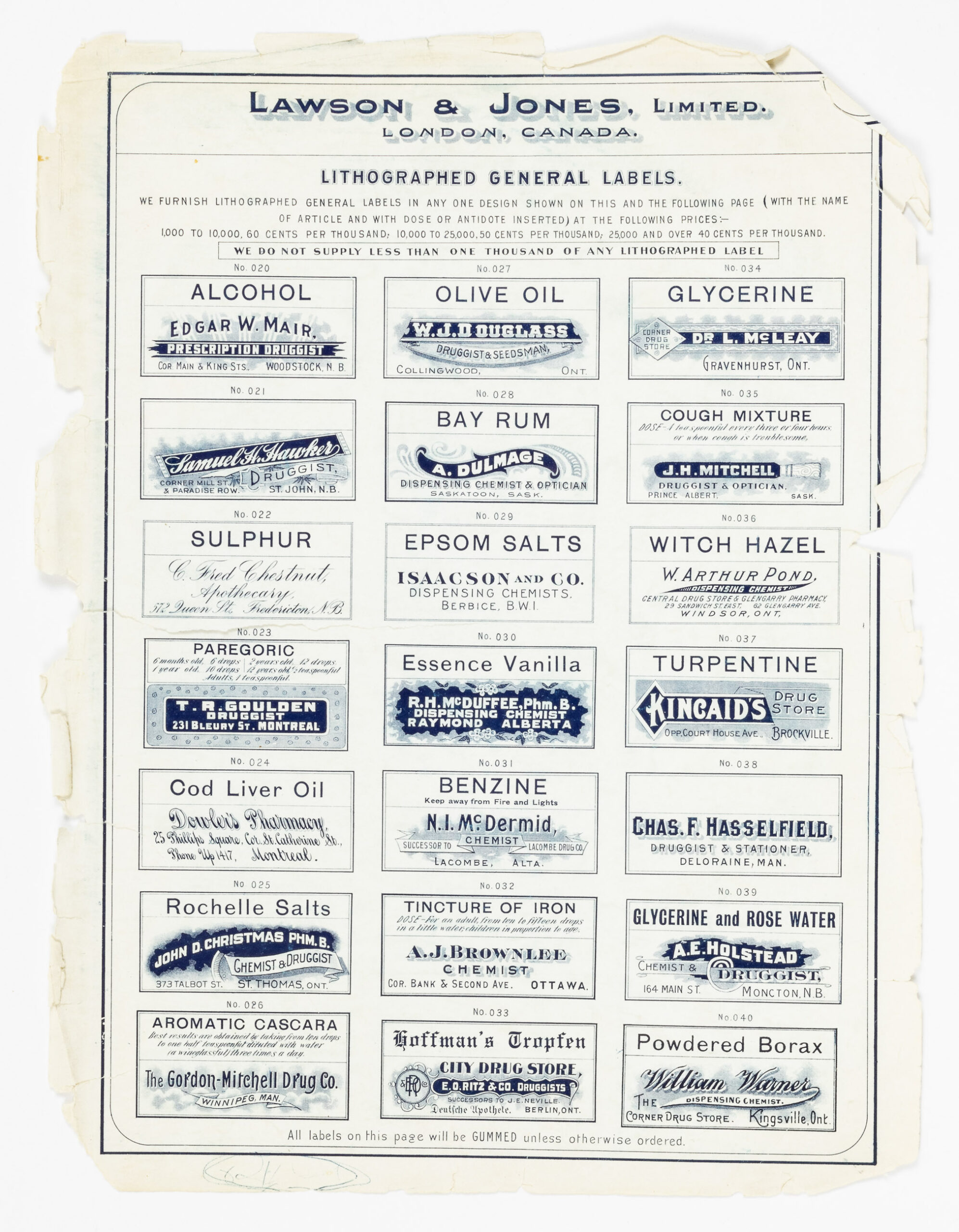 A worn sheet of paper, it's edges torn and curling, bears labels for common pharmacy products from the 20th century including: Alcohol, Olive Oil, Glycerine, Bay Rum, Cough Mixture, Sulphur, Epsom Salts, Witch Hazel, Paregoric, Essence Vanilla, Turpentine, Cod Liver oil, benzine, rochelle salts, tincture of iron, glycerine and rose water, aromatic cascara, hoffman's topfen, and powdered borax.